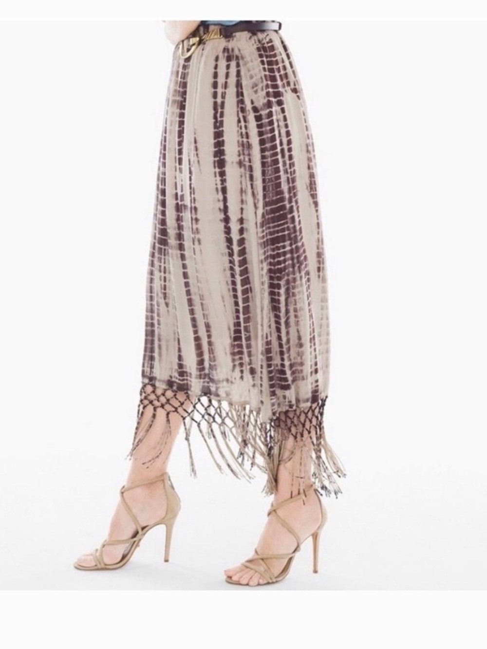 Chico’s Midi Tie Dye Elastic Waist Fringe Skirt Tan Black Size 1